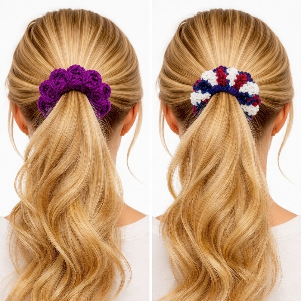 Handmade Textured Crocheted Scrunchies Ponytail Holder Hair Tie Set Of 2 - New